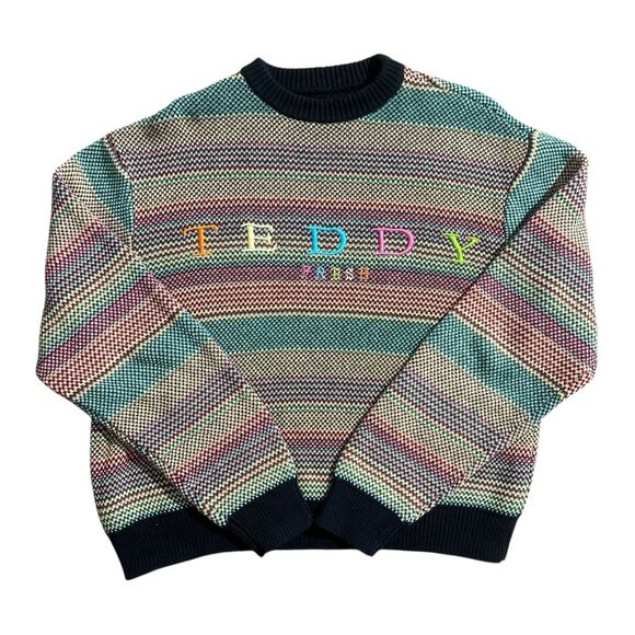 Teddy Fresh Striped Rainbow Pullover Knit Cotton Sweater Crew Neck Size S - Picture 1 of 11